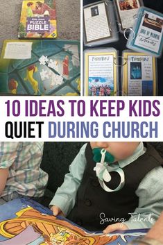 a collage of pictures with the words 10 ideas to keep kids quiet during church