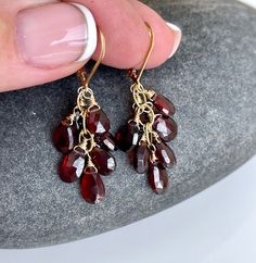 Garnet Earrings, Red Garnet Cluster Earrings in Gold or Silver, Teardrop Statement Drop Earrings, January Birthstone Jewelry Gift for women  These vivid red earrings feature garnet faceted teardrops wire wrapped to an oval chain forming a short cluster. These garnet statement earrings are perfect for winter and matching with virtually everything in your closet, they have a rich red color so they will turn heads anywhere you go. About These Earrings: - Gemstone: Garnet - Birthstone: January - Garnet Properties: Passion, Energizing, Promotes Professional Success - Stone Size: 6 mm - Finish: Choice of Gold Filled or Sterling Silver - Earring Length: 25 mm x 10 mm - Gift Wrapping included in all orders - Handmade at our home studio Processing time: 1 Day Please visit my full collection of EARR Red Garnet Dangle Earrings, Red Teardrop Garnet Earrings, Red Garnet Teardrop Earrings, Red Teardrop Chandelier Earrings With Ear Wire, Red Teardrop Chandelier Earrings, Garnet Teardrop Jewelry With Matching Earrings, Garnet Drop Earrings With Ear Wire, Garnet Faceted Drop Earrings, Faceted Garnet Drop Earrings