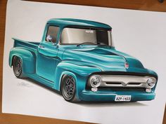 a drawing of a blue pickup truck