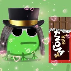 a green frog wearing a top hat and sunglasses next to a chocolate bar with hearts on it