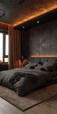 a large bed sitting next to a window in a room with wooden floors and walls