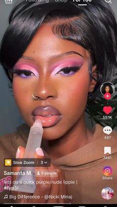 Flamingo Inspired Makeup, Black Women Colorful Makeup, Eye Showdown Looks, Concert Makeup Black Women, Glam Pink Aesthetic, Makeup Looks Color, Make Up Ideas Creative, Colorful Eye Looks, Creative Makeup Looks Inspiration