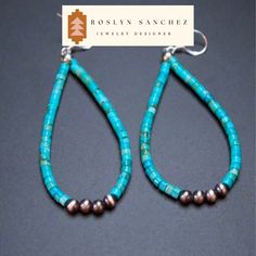 This is a pair of turquoise heishi and sterling Navajo pearl earrings. Indigenous earrings handcrafted. Southwest 4 corner jewelry designs by native New Mexicans. We have matching bracelets and soon matching necklaces in the shop. Look under "sterling" and "turquoise" for all GREAT southwest designs. Natural desert pueblo jewelry. Cowgirl turquoise jewelry. Turquoise heishi hoop, loop earrings with Navajo pearls. We have a lot of bracelets and necklaces in the shop that matches these earrings pe Southwestern Turquoise Hoop Earrings As Gift, Southwestern Turquoise Heishi Beads Jewelry, Southwestern Turquoise Hoop Earrings For Gift, Southwestern Turquoise Hoop Earrings Nickel Free, Pueblo Jewelry, Handmade Southwestern Turquoise Hoop Earrings, Indigenous Earrings, Cowgirl Turquoise, Turquoise Nickel-free Western Earrings