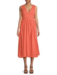 Joie Margarettea Crinkle Sleeveless Midi Dress on SALE | Saks OFF 5TH Casual Sleeveless V-neck Dress With Tie Waist, Beach Sleeveless V-neck Dress With Tie Waist, Summer Midi-length Dress With Drawstring, Summer Midi Length Dress With Drawstring, Sleeveless Midi Dress With Smocked Back For Vacation, Summer Sleeveless Dress With Drawstring Tie, V-neck Drawstring Dresses For Spring, Spring Vacation Midi Dress With Drawstring, Sleeveless Ruched Beach Dress