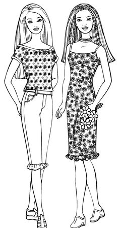 two barbie dolls standing next to each other in front of a black and white background