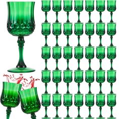 many green glass goblets are lined up on a white background with candy canes in the foreground