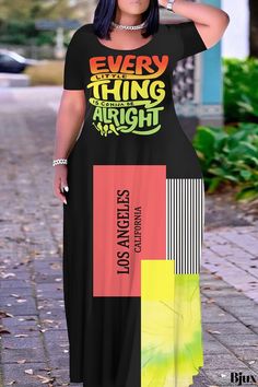 Bjux - Chic Plus Size Dresses: Casual Printed Design with O-Neck and Long Length Plus Size Dresses Casual, Chic Plus Size, Los Angeles Shopping, Daily Dress, Wholesale Fashion, Printed Design, Dresses Casual, Long Length, Black N Yellow