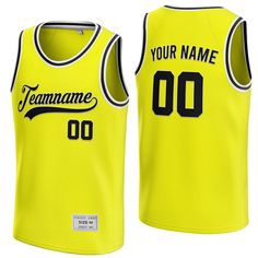 a yellow basketball jersey with black lettering on the front and white letters on the back