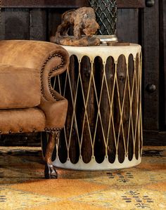 Rawhide Drum Accent Table - Southwestern Furniture made in the USA - Your Western Decor Western Living Room Furniture, Round Drum Coffee Table, Southwestern Style Decor, Drum Tables, Adobe Interior, Leather Living Room Furniture, Tables Living Room, Drum Coffee Table, Drum Table