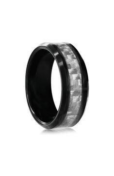 A polished tungsten ring with rich black plating sports a refined crosshatch texture for added contrast. Black IP plate/tungsten Imported Carbon Fiber Rings, Tungsten Ring, Blackjack, Band Ring, Carbon Fiber, Band Rings, Nordstrom Rack, Two Tone, Nordstrom