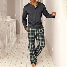 Season:Summer,Spring,Winter,Fall; Fabric:Cotton Blend; Sleeve Length:Long Sleeve; Gender:Men's; Quantity:2 Pieces; Nightwear Style:Pajama Top and Pant,Pajama Set,Sleepwear,Loungewear; Style:Stylish,Comfort,Casual; Elasticity:Micro-elastic; Tops Type:T shirt Tee; Occasion:Home,Daily; Function:Comfort; Pattern:Plaid; Design:Elastic Waist,Drawstring; Neckline:Henley; Bottom Type:Pant; Listing Date:09/13/2023; Hips:; Length [Bottom]:; Length [Top]:; Shoulder Width:; Waist:; Feel of Sensation:Soft,Co Men’s Pijamas, Men Sleepwear Pajamas, Lounge Wear For Men, Men’s Pjs, Men's Sleepwear & Loungewear, Pyjamas Men, Lounge Wear Men, Mens Pyjamas, Men's Loungewear