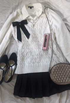 Black Dress White Sweater Outfit, Black And White Girly Outfits, Coquette Clothing Pieces, Coquette Black Skirt Outfit, White Sweater Coquette, Coquette Mini Skirt Outfit, White Sweater And Black Skirt, How To Style White Sweater Vest, Coquette Preppy Outfit