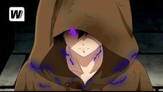 an anime character wearing a hoodie with purple light coming from his eyes and head