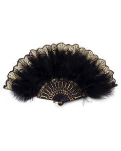 a black and gold fan with feathers on it's side, against a white background