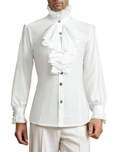 PRICES MAY VARY. Exquisite Victorian style with delicate ruffled trims and see-through long sleeves blend classic and modern fashion. Made from high-quality fabric, offering a comfortable and durable wearing experience. Stand collar and button details that showcase unique charm and formality for men. Suitable for various formal occasions, such as weddings, banquets, or historical themed events such as pirates, nobles, vampires, singers, and poets. This garment is the best choice in the workplace Victorian Era Fashion, Costume Shirts, Themed Events, Ruffle Long Sleeve, Mens Costumes, Victorian Style, White Fashion, Victorian Era, Modern Fashion