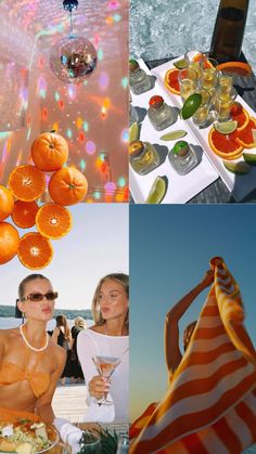 there are four pictures with oranges on the table and in the background, people at an outdoor party