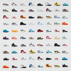 an image of many different sneakers on a white background with the words nike written below them