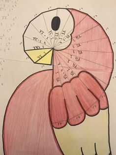 a drawing of a pink bird with numbers on it's wings and the words written in