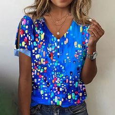 Women's Blue Polka Dots Print Top V-Neck Short Sleeve T-Shirts Light Blue V-neck T-shirt For Summer, Blue V-neck T-shirt For Summer, Blue V-neck T-shirt For Spring, Light Blue Printed V-neck Top, Blue V-neck T-shirt With Graphic Print, Blue Graphic Print Short Sleeve Blouse, Women's Spring Outfits, Summer Outf, Face Shape Hairstyles