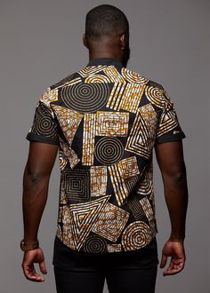 Style #M2023BBG Our unique Olu Button-Up in Black Brown Geometric is perfect for the modern man interested in looking stylish while incorporating African print. Description: 100% Cotton, African wax print with solid trimming inside collar, cuff, and top of chest pocket Designed in USA, Imported Care Instruction:Machine wash cold. Use mild detergent.Do not bleach. Hang to dry. Iron if needed Model's Information: Height: 6'0 | Size: M Black Cotton Tops With Geometric Pattern, Black Cotton Top With Geometric Pattern, Black Short Sleeve Tops With Geometric Pattern, Black Casual Shirt With Geometric Pattern, Casual Black Shirt With Geometric Pattern, Black Printed Shirt With Casual Collar, Fitted Black Top With Geometric Pattern, Modern Black Printed Tops, Kitenge Designs