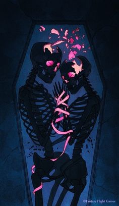 two skeletons sitting next to each other in front of a blue background with pink light