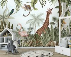 a children's room with jungle wallpaper and giraffes