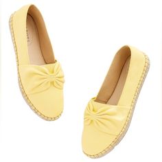 New Adorable Talbots Izzy Cinched Nappa Yellow Leather Espadrilles In Lemon Chiffon Yellow Leather Uppers With Cinched Bow Like Detail Rounded Toe Tan Jute Woven Braided Roping Around The Outer Sole Rubber Bottom Sole Memory Foam Footbed 0.5” Platform Sole New And Never Worn. There Are Tiny Holes Where The Jute Had Been Woven Through The Leather. See Photo. Size 9.5 Casual Yellow Leather Flats, Yellow Slip-on Closed Toe Flats, Yellow Slip-on Flats For Spring, Casual Yellow Flats With Round Toe, Casual Yellow Round Toe Flats, Yellow Round Toe Espadrilles For Spring, Yellow Slip-on Flats For Summer, Chic Yellow Flats For Spring, Casual Yellow Closed Toe Flats