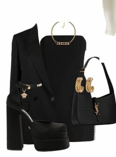 Fancy Elegant Dresses, Black And Gold Outfit Ideas, Black Platform Heels Outfit, Gold Heels Outfit, Versace Style, Versace Outfit, Looks Black, Aesthetic Outfit