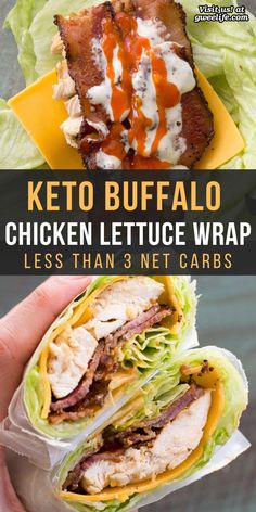 the keto buffalo chicken lettuce wrap has been cut in half and is being held