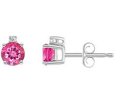 Big on brilliance, these pink topaz stud earrings are petite and sweet. Diamond accents help double up the dazzle. Pink Earrings With Diamond Accents For Gift, Pink Diamond Earrings With Prong Setting For Anniversary, Pink Earrings With Diamond Accents As A Gift, Pink Diamond Accent Earrings For Gifts, Gift Pink Diamond Earrings With Accents, Pink Diamond Gemstone Earrings For Anniversary, Pink Diamond Earrings With Diamond Accents As Gift, Pink Diamond Earrings With Prong Setting For Gift, Pink Diamond Earrings In Sterling Silver