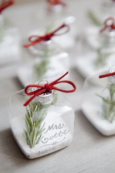 small glass vases with plants in them tied to red ribbons on a white table