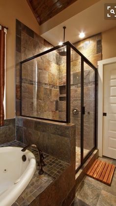 a bathroom with a walk in shower next to a bath tub