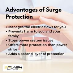 two hands over a small house with text that reads, advantages of surge protection manage the electric flows for you