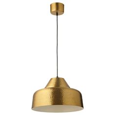 a gold colored pendant light hanging from the ceiling