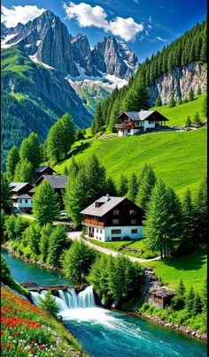 a beautiful mountain scene with houses and a stream