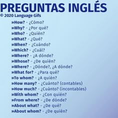 a blue poster with the words preguntass ingles in spanish and english