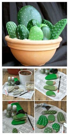 some green rocks are in a bowl with cactus leaves on it and one is made out of paper