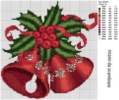 a cross stitch christmas ornament with bells and bows on it's side