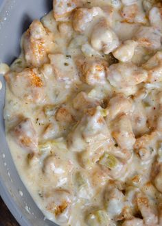 chicken and cheese casserole in a bowl on a table