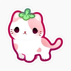 a pink and white cat sticker with a green bow on it's head