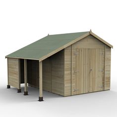 a wooden shed with a green roof and two doors on the side, in front of a white background