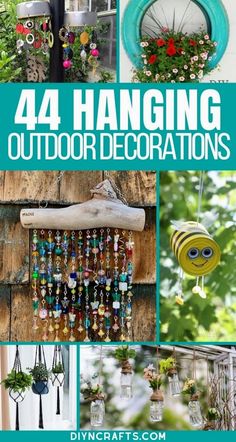 the cover of an outdoor decoration book with images of hanging items and flowers on it