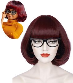 Short Wine Red Hair, Red Hair Wig, Cool Couple Halloween Costumes, Velma Costume, Burgundy Bob, Halloween Costumes Diy Couples, Unique Couple Halloween Costumes, Wine Red Hair, How To Wear A Wig