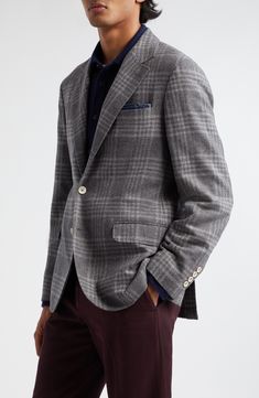 The fabric's often slightly irregular texture casts a casual tone onto this tailored blazer in a tartan-patterned wool, silk and cashmere blend. 30" length (size 50 EU) Three-button closure Notched lapels Nonfunctional four-button cuffs Chest welt pocket; front flap pockets; ticket pocket; two interior pockets; penholder Side vents Partially lined 80% wool, 16% silk, 4% cashmere Dry clean Made in Italy Designer Clothing Checked Jacket, Tailored Blazer, Brunello Cucinelli, Flap Pocket, Welt Pocket, Clothing Items, Tartan, Wool Blend, Designer Clothing