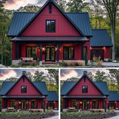 three pictures of a red house with black roof