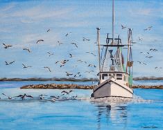 a painting of a boat in the water surrounded by seagulls