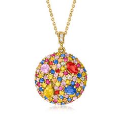 Ross-Simons - 3.90ct t. w. Multicolored Sapphire Circle Pendant Necklace, Diamond Accents. 16". Here's a party that never stops! On this celebration-worthy necklace, 3.90 ct. tot. gem wt. multicolored and multi-shaped sapphires bedazzle the circular pendant, suspended by a diamond-accented bale on a cable chain. Crafted in 14kt yellow gold. Lobster clasp, multicolored sapphire circle pendant necklace. Round Necklace With Sparkling Stones For Celebration, Round Necklaces With Sparkling Stones For Celebration, Colorful Round Jewelry For Party, Multicolor Round Pendant Jewelry For Anniversary, Multicolor Party Necklaces With 17 Jewels, Yellow Round Necklace For Celebration, Multicolor Pendant Necklace For Party, Multicolor Pendant Necklace For Birthday, Yellow Round Necklace For Party