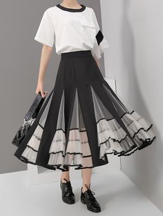 Sku CY-!44002 Material Polyester , <50%Cotton Style Empire Feature Pleated , See-through , Split-joint Occasion Going out , Stylish Selection Seasons Spring , Autumn , Winter Type Skirts Color BLACK Size FREE SIZE Please consult the size chart we provide for this item's measurements to help you decide which size to buy.Please note: There may be 1-3cm differ due to manual measurement.CMINCH Waist Hips Length FREE SIZE 68 102 77 Unique Skirts Design, Gonna In Tulle, Godet Skirt, Unique Skirts, Black Lace Skirt, Elegant Skirt, Linen Maxi Dress, Black Women Fashion, Girls Fashion Clothes