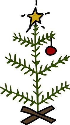 a drawing of a christmas tree with a star on the top and a bauble hanging from it