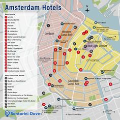 a map of amsterdam with all the locations marked in red and blue, including hotels